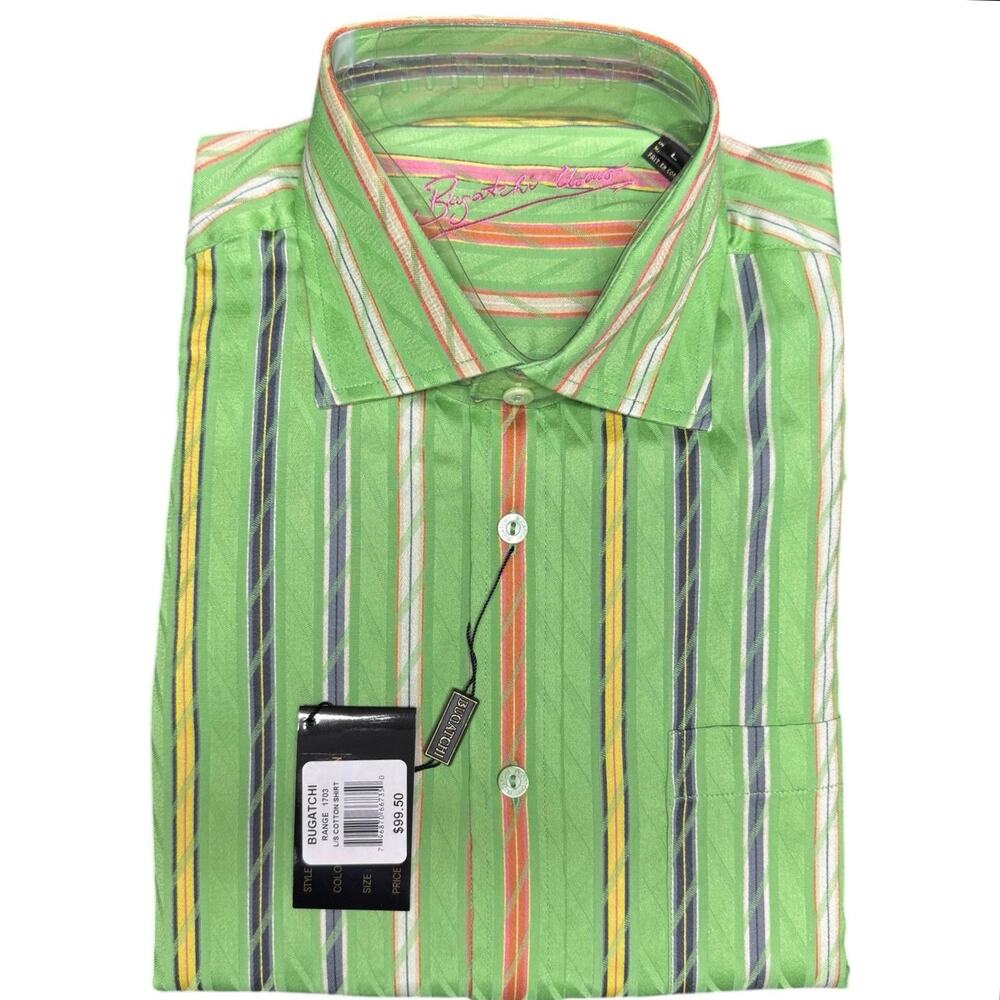 New in Pkg Bugatchi Uomo Size Large Long Sleeve Cotton Shirt Green Multi Striped